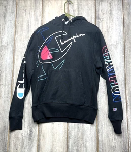 Vtg Champion Reverse Weave Hoodie Mens M Black Spellout embroidered - Picture 1 of 12