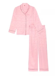 NEW Victoria's Secret Satin Long Pajama Set Pink Heart Top & Pants Large L/S - Picture 1 of 5