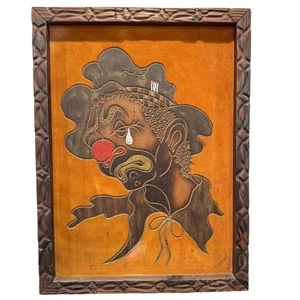 Vintage Woodburned Sad Clown Art – Signed “Harman” – Mid-Century Pyrography - Picture 1 of 6