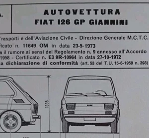 FIAT 126 GIANNINI GP 594 Cc COPIA SCHEDA omologazione 1973 ASI CLUB DIAGRAM - Foto 1 di 5