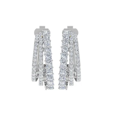 3.72 Ct Lab Grown CVD Princess Cut Diamond Hoop Earrings 18k White Gold Jewelry - Image 1 of 4
