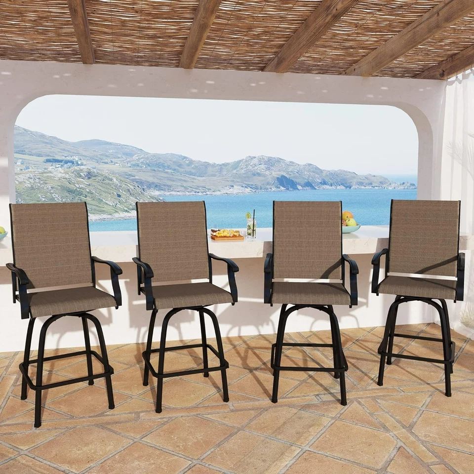 Outdoor Swivel Bar Stools With Arms Set of 4 Patio Bar Height Sling Chairs Brown - Image 1 of 4