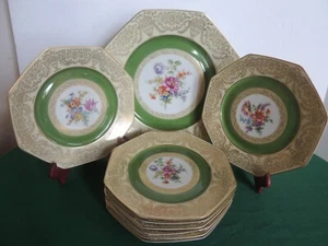 Vintage 9-teiliges Tirschenreuth Tortenset mit Teller Gold & Grün Rand Floral Garten Design - Bild 1 von 12