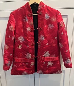Vintage PEONY Brand Shanghai reversible satin asian jacket red black Sz. M - Picture 1 of 8