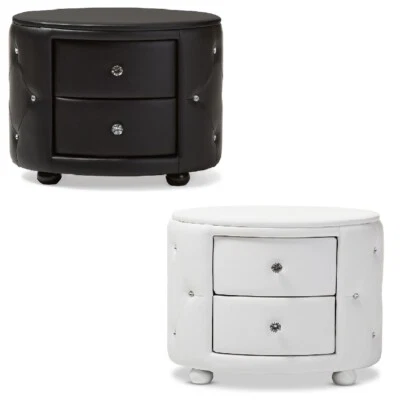 Mesa de cabeceira oval de couro sintético 2 gavetas glamour branco preto cristal tufado - Imagem 1 de 4