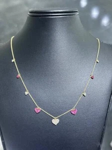14k Yellow Gold & Natural Diamonds Red Ruby Heart Halo Drop Dangle Necklace Gift - Picture 1 of 12