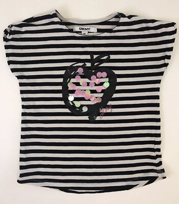 DKNY Girls Size 6X Black Striped Short Sleeve T-Shirt Top Sequin Embellished - Image 1 of 4