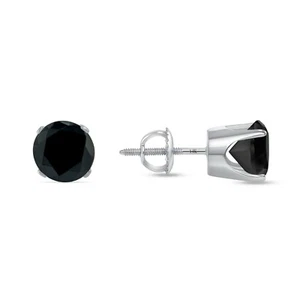 2.50 Ct Round Cut Black Earrings Crown Set Studs Solid 14K White Gold Screw Back - Picture 1 of 3