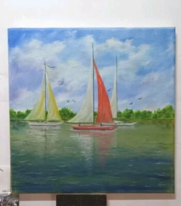 Art 10"/10" Original Oil Painting, Coastal Decore .Stretched Canvas, Seascape - Picture 1 of 5