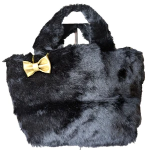 Faux Black Fur Top Handle Handbag with Gold Bow | GC - Picture 1 of 9
