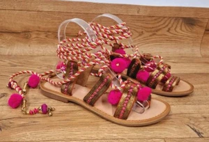 GIOSEPPO Strappy Sandals Size 5 Orange Sequins Pink Pom Poms Yurak Ankle Tie - Imagen 1 de 11