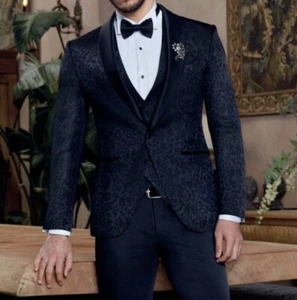 Slim Fit Hochzeitsanzug in Schwarz mit Muster -Smoking-Standesamt-Anzug-Bühne - Bild 1 von 3