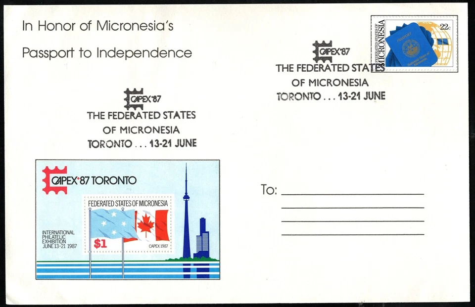 SAVOYSTAMPS–CANADA COMMEMORTAIVE CARD CAPEX–1987–IN HONOR OF MICRONESIA INDEP - Image 1 of 1
