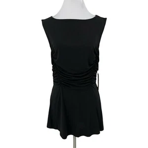 Halogen Black Boat Neck Blouse Women's Size 1 Cap Sleeves Pleated Waist Stretch - Picture 1 of 10