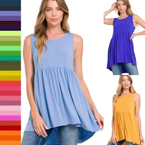 Women's Round Neck Sleeveless Top Waist Shirring Baby Doll High Low Hem Tunic - Picture 1 of 56
