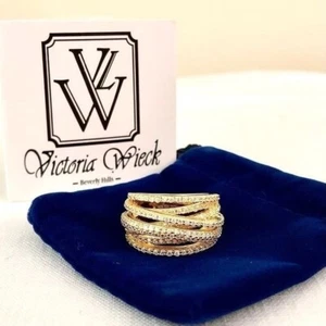Crossover Cubic Zirconia Highway Ring Size 6 14K Gold over 925 Sterling Silver - Picture 1 of 5