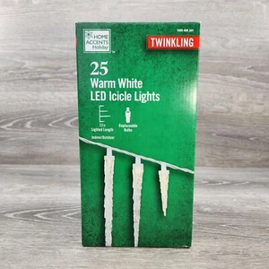 HOME ACCENTS HOLIDAY 25 TWINKLING WARM WHITE LED ICICLE LIGHTS 12 FT NEW - Picture 1 of 10