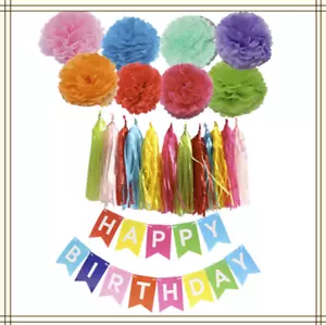 UK Happy Birthday Banner Set Paper Tassel Pompom Party Bunting Home Decoration - Picture 1 of 3