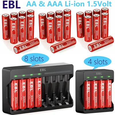 EBL AA AAA Rechargeable Batteries Li-ion 1.5Volt Lithium,Optional  Charger Lot - Image 1 of 4