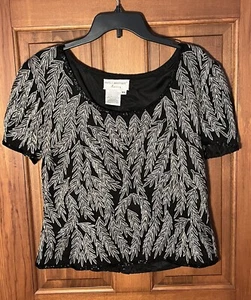Papéll Boutique Size XL Evening Top Silk Black Hand Beaded Leaf Zip Back Vintage - Picture 1 of 10
