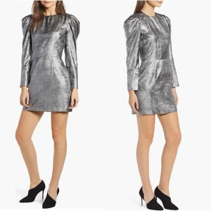 Something Navy Foil mini dress Sz Medium Silver metallic puff sleeves Rave party - Picture 1 of 13