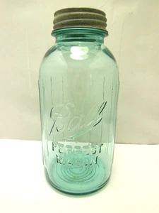 Vintage Aqua Blue Slope Shoulder Ball Mason halbe Gallone Obstglas mit Nos Zinkdeckel - Bild 1 von 11