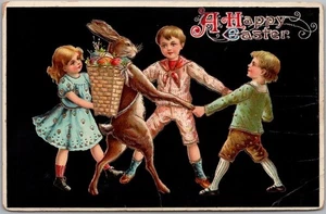 c1910s HAPPY EASTER Gel Postcard Kids Dancing w/ Rabbit / Basket of Colored Eggs - Picture 1 of 2