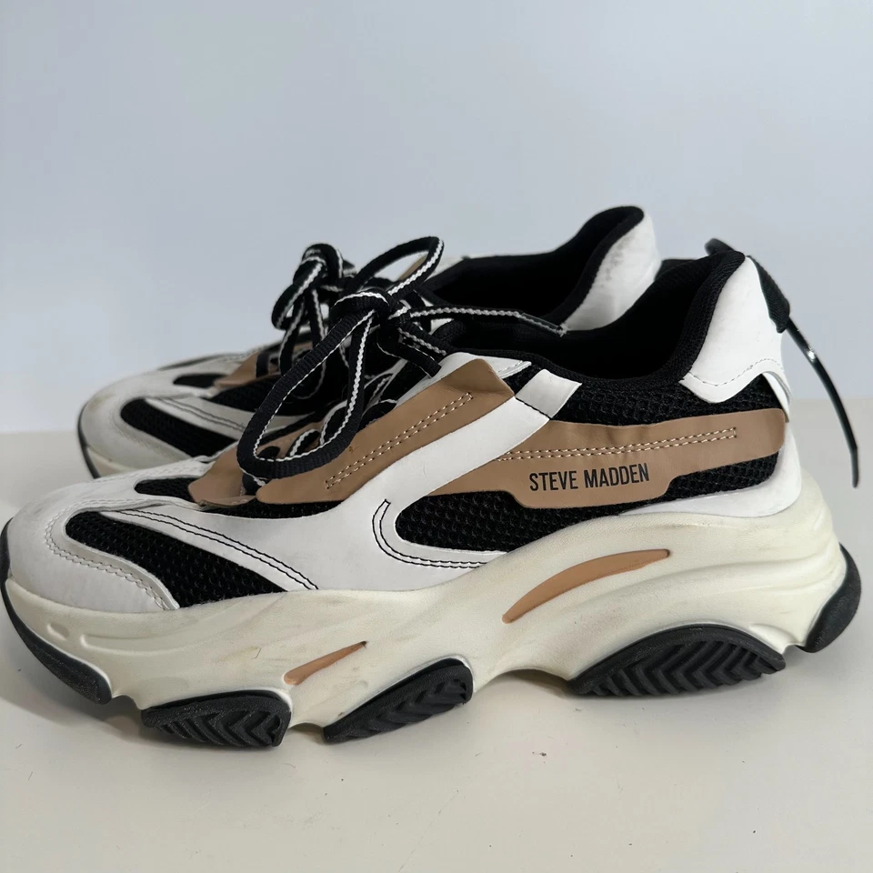Steve Madden POSS03S1 Platform Lace-Up Sneakers Possession Shoes White Black 9M - Image 1 of 4