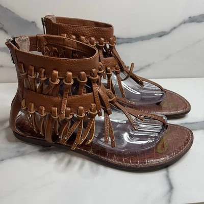 Sam Edelman Women's Brown Leather Griffen Sandals Sz 10 Gladiator Fringe Boho - Image 1 of 4