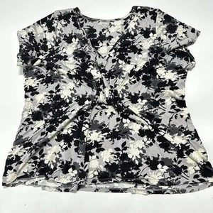 Covington Women Top Plus 2X Gray Black Floral Cotton Modal Short Sleeve VNeck - Picture 1 of 10