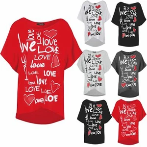 Womens Ladies Scoop Neck Batwing Short Sleeve LOVE High Low Baggy T Shirt Top - Picture 1 of 55