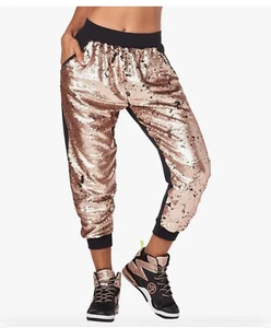ZUMBA HAREM DANCE PANTS CAPRI HIPHOP sequin rose gold black EASY FIT/COMFY XS - Picture 1 of 16