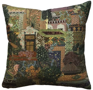 Oriental Cushion Cover Japanese Garden Purple Green Pagoda Botanical 16-22” - Picture 1 of 1