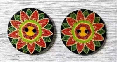flowers boho wood buttons sewing 2 holes 7/8 inch (set #11) 2pc - Image 1 of 2
