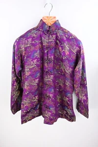 Embroidered satin long sleeve shirt with mandarin collar  in plum size S/UK10 - Picture 1 of 8