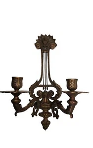 vintage early century heavy bronze ornate musical instrument candle sconces. - Picture 1 of 4