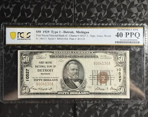 1929 $50 First Wayne National Bank Detroit, Michigan Charter 10527 - PCGS 40 PPQ - Picture 1 of 2