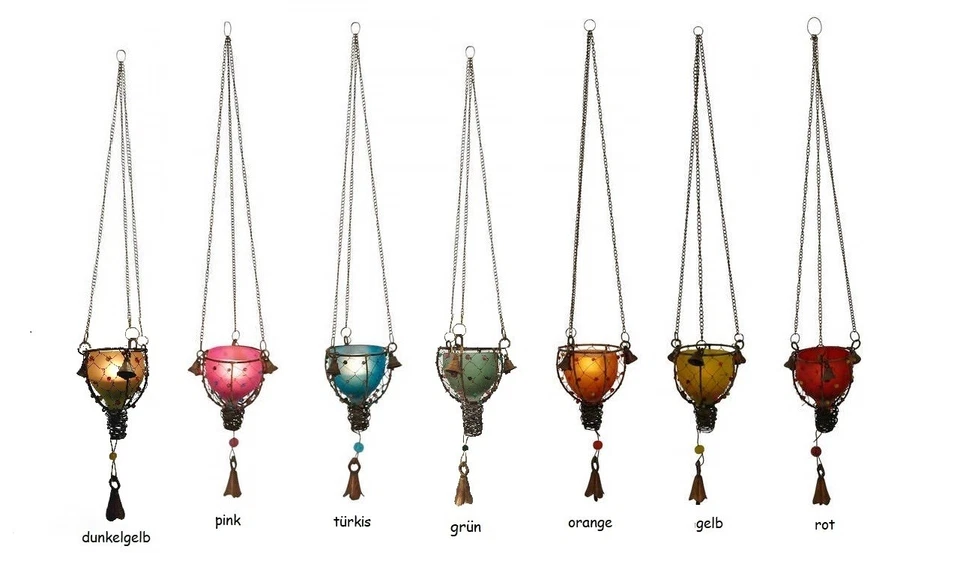 Windlicht Teelichthalter mit Glöckchen zum Hängen aus farbigem Glas und Metall - Bild 1 von 1