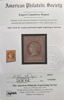 Selo Espanha, Scott 52, não usado, CV $2.882, 1860 Rainha Isabella II - Imagem 1 de 3