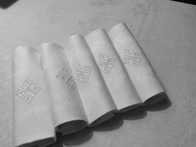 Linge Ancien 6 Serviettes De Mariage  Décor Sublime Monogramme  Central A P - Photo 1/4