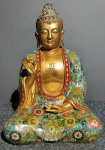 12.6" Old Temple Cloisonne Enamel Bronze Tibet Shakyamuni Amitabha Buddha Statue - Picture 1 of 9