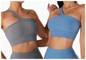 Women Workout Ribbed Sexy One Shoulder Yoga Bra High Waist Sport Crop Tops - Picture 1 of 19