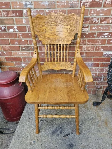 Vintage Solid Oak Captains Dining ArmChair Carved Spindles Carved Back Rest Cover