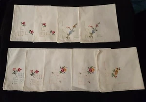 9-VINTAGE LEINEN COCKTAIL SERVIETTEN MIT KREUZGENÄHTEN BLUMEN & HOHLSAUM AKZENTEN - Bild 1 von 7