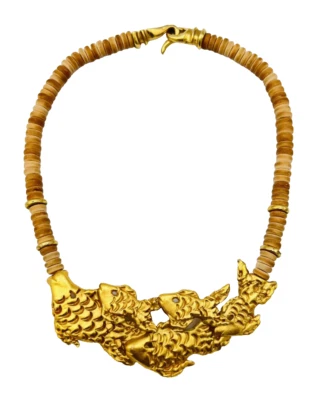 Coconut Heishi Shell Gilded Brass Textured Fish Necklace - Image 1 of 4