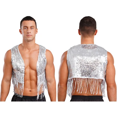 Men's Sequin Fringe Vest Sparkly Open Front Waistcoat Jackets Vest Coat Tops - Image 1 of 3