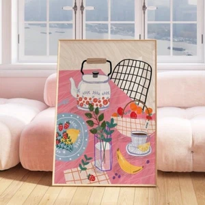 Cute Kitchen Table Lunch Brunch Print Kitchen Wall Art Home Decor Pink 2462 - Picture 1 of 4