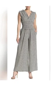 Max Studio black White smocked Striped jumpsuit ruffle detail wide leg Sz M EUC - Picture 1 of 10