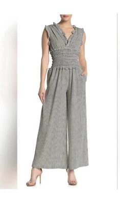 Max Studio Mono Negro Blanco Rayas Calado Detalle Volantes Pierna Ancha Talla M Usado en Excelente Condición Foto 1 de 4