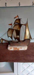 Brutalist Style Metal with Stone Base Sailing Ship Metal Art Vintage  - Picture 1 of 15